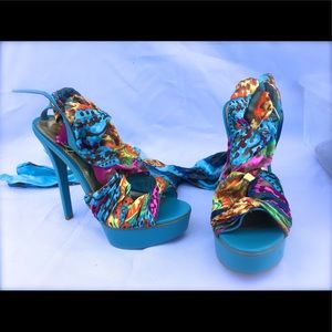 BeBe leather & silk scarf heels-014